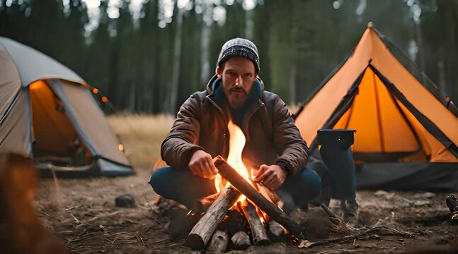 Mann sitzt am Lagerfeuer auf dem Zeltplatz