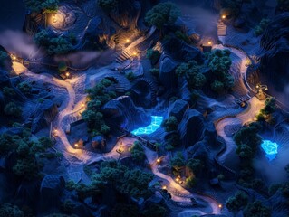 Night fantastic game 3D digital map with hidden treasures, render.