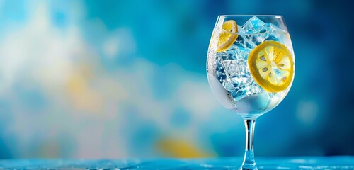 Refreshing gin and tonic with vibrant abstract designs, set against a rich blue backdrop. 