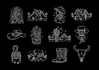 Set of vector western-inspired vector line art illustrations. 