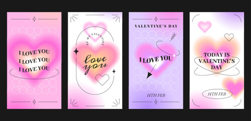 Vector happy valentine's day greeting cards set with gradient aura pink hearts. Love covers with romantic blurred romantic symbol. Minimalist aesthetic poster or invitation banner in trendy y2k style.