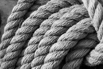 Sailboat sail ropes. Naval ropes. Selective focus. Black and white image.
