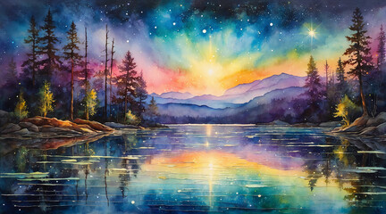 Lake in a forest at twilight with starry sky, watercolor painting style, generative AI.