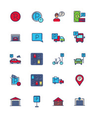 Parking line icon set. Car parked at road sign, parking lot, garage, valet, app, places for parking bike, bus and truck. Vector illustrations for city transport, transportation, driving concept