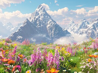 Fototapeta premium Landscape mountains with a lot of flowers spring.