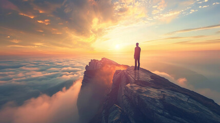 Man on a mountain peak at sunset above the clouds. A lone man stands on a rocky mountain peak overlooking a sea of clouds, bathed in the warm glow of the setting sun.