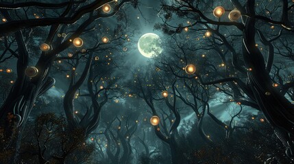 A bright full moon hang over the mystical forest with hanging yellow glowing light on tree casting a beautiful effect 