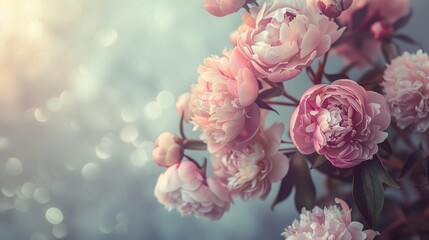 Floral background with pink peonies in vintage toning.