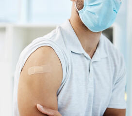Man, patient and plaster on arm for injection, healthcare and immunity booster or treatment in...
