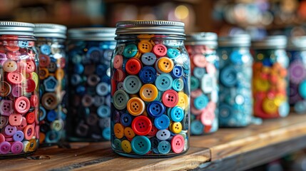 Colorful Button Jars on Wooden Shelf - ai generative