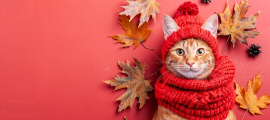 Charming cat in hat and scarf on fall backdrop with ample space for text overlay