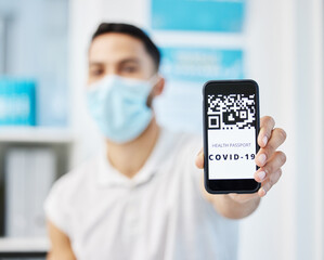 Man, patient and screen of smartphone with covid 19 QR code or mobile app for guidelines, safety...