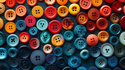 Fototapeta premium Assortment of Colorful Sewing Buttons on Blue Background - AI Generative