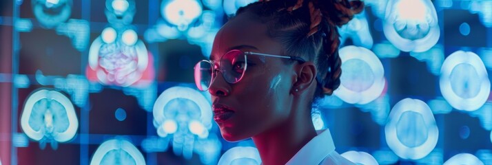 Naklejka premium MRI Scan with Brain Images on TV: Confident Black Female Neurologist, Neuroscientist, Neurosurgeon, Thinking of Treatment Method for Sick Patient. Saving Lives.