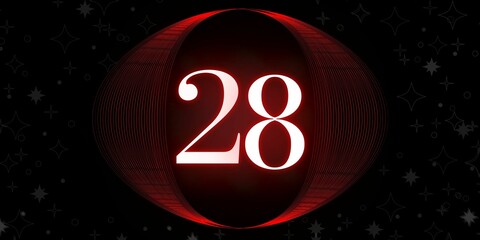 Number 28. Banner with the number twenty eight on a black background and white stars with a circle red in the middle