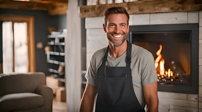 Ofenbauer steht vorm Kamin und l&auml;chelt in die Kamera