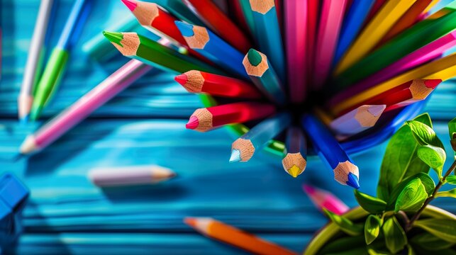 Colorful Pencils in Holder on Blue Wooden Desk with Plant - ai generative