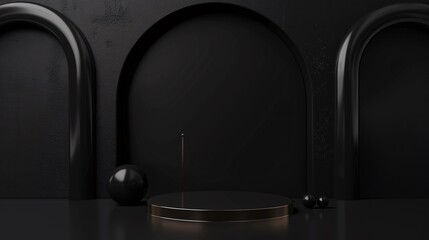 a black podium with a gold frame and black balls