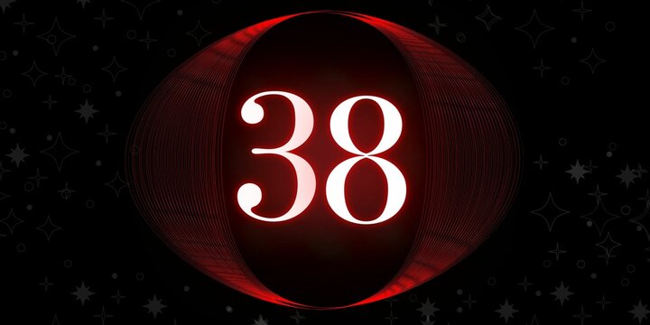 Number 38. Banner with the number thirty eight on a black background and white stars with a circle red in the middle