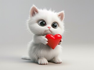 a white cat holding a red heart