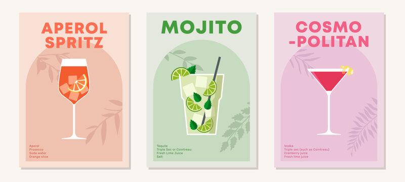 Set of posters with cocktails. Aperitif recipe. Alcoholic drinks in glasses for summer season. Mojito, Aperol Spritz and Cosmopolitan. Flat illustration