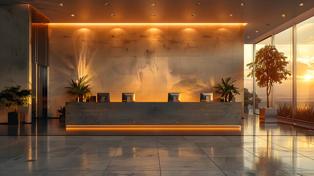 Corporate Office Interior: A clean and modern office interior with sleek furniture, computer screens, and subtle branding elements.