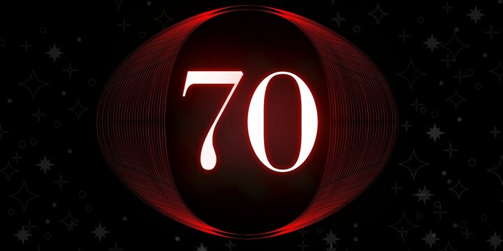 Number 70. Banner with the number seventy on a black background and white stars with a circle red in the middle