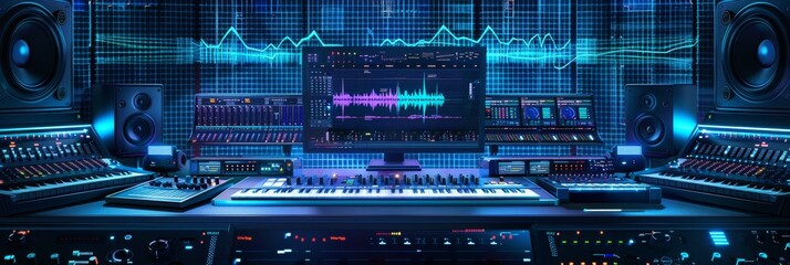 Music Record Studio Control Desk with Computer Screen, Songs Playing, Equalizer, Mixer, and other Professional Equipment.