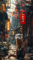 Within bustling streets of Tokyo a sleek ferret named Hiro scampers through the crowded alleyways his curious nature leading him to explore every nook and cranny of the urban landscape