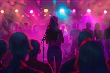 A girl stands on a stage with a microphone in her hand singing her heart out while her parents watch from the audience filled with pride