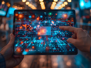 Hands interact with a tablet, initiating a video on a futuristic digital interface. Glowing icons and intricate data visuals hint at the vast possibilities of modern technology and media consumption