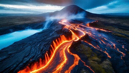 Aerial Photography Abstract Landscape Icelandic stream of hot lava flow