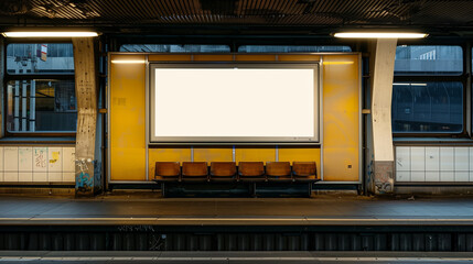 A blank empty canvas poster screen board hanging on a wall at a railway station.