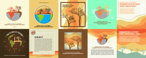 10 World Day to Combat Desertification and Drought Greeting cards and template set. June 17. Square with copy space. Illustration of barren lands, trees with no leaves, desertification clock. Vector