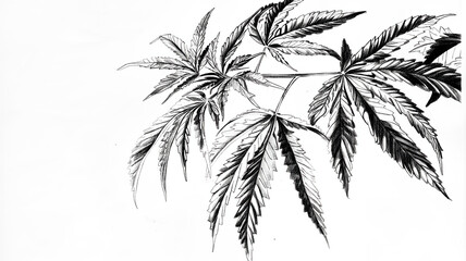 Obraz premium Highlydetailed monochrome pencil sketch of cannabis sativa leaves with delicate shading on a white backdrop