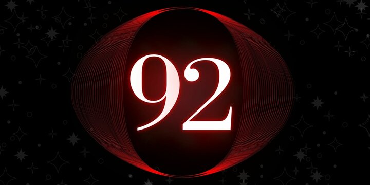Number 92. Banner with the number ninety two on a black background and white stars with a circle red in the middle