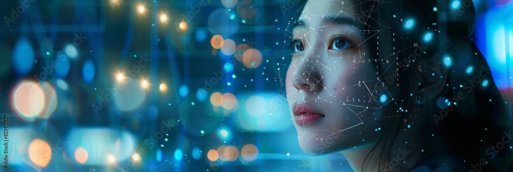 Poster software developer working on innovative e-commerce app using ai, big data. capturing the face of a 