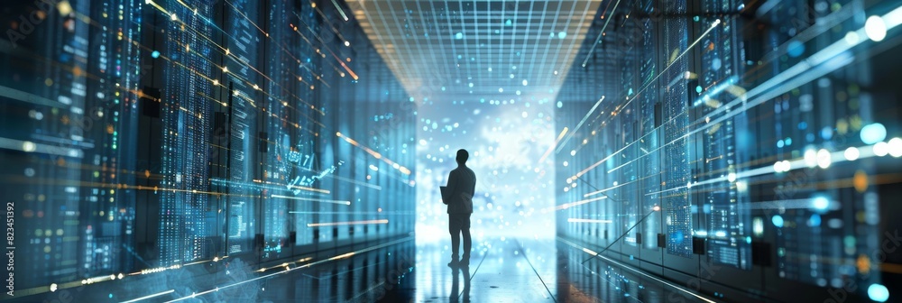 Poster an information digitalization line slides through servers in the background of a futuristic 3d conce