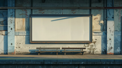 A blank empty canvas poster screen board hanging on a wall at a railway station.