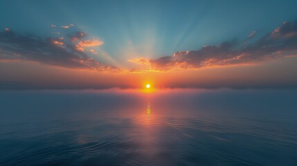 Fototapeta premium An awe-inspiring scene of the sun rising over a vast, open sea, viewed from a high cliff.