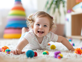 Fototapeta premium Adorable toddler boy playing with educational wooden toy at home, clapping hands and smiling
