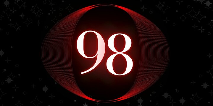 Number 98. Banner with the number ninety eight on a black background and white stars with a circle red in the middle