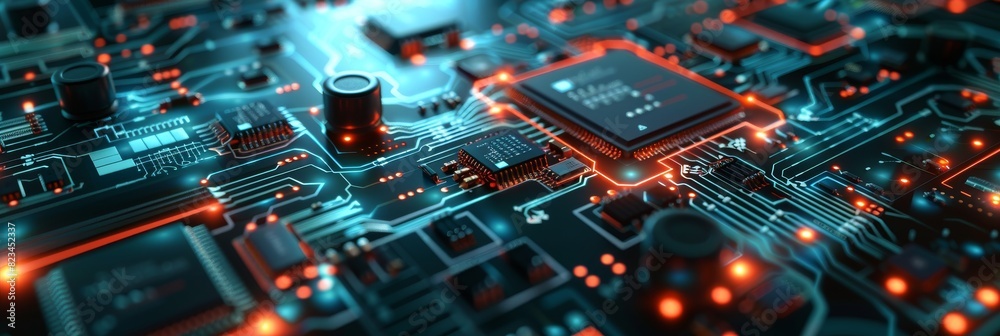 Poster light interface mock-up of professional cad computer software with digital diagram of circuit board 