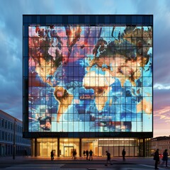 A building where the windows are interactive screens showing different parts of the world, offering global views from a single location