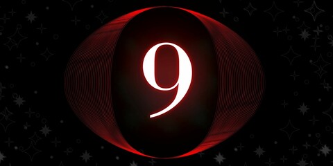 Number 9. Banner with the number nine on a black background and white stars with a circle red in the middle - 1
