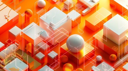 Orange background with polygon web that analyzing data on Orange and square pieces with Orange elements