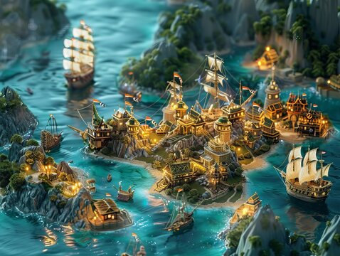 Fantastic game 3D digital map with sea, ocean, mountains, lands, trees, ships, pirats, corals, render.