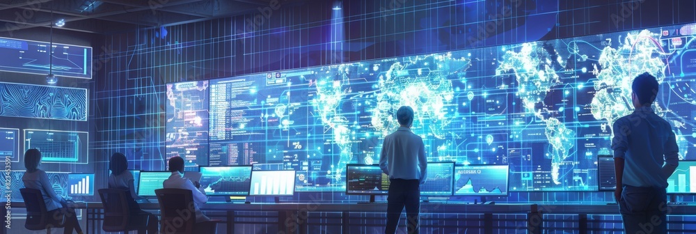 Poster an ethnically diverse team of data scientists analyzes information and graphs on a big digital scree