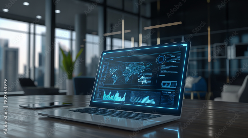 Canvas Prints digital business management system virtual display over a laptop in modern office, futuristic softwa