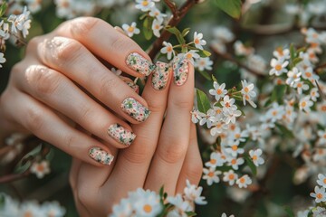 Fototapeta premium A Woman's Hands With Flowers Painted On Her Long Nails Spring-Themed Nail Art Flowers Background Nail Salon